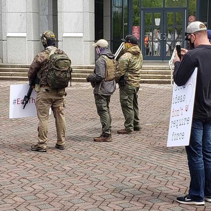 Today, Libertarian candidate for Senate Shane Hazel held a rally against COVID-19 measures outside the Cherokee County Courthouse in Canton.The rally had small numbers but attracted some very conspicuous armed participants in militia-style garb.  #CantonGA  #CherokeeCounty  #gapol