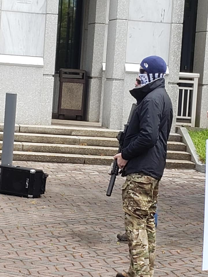 Today, Libertarian candidate for Senate Shane Hazel held a rally against COVID-19 measures outside the Cherokee County Courthouse in Canton.The rally had small numbers but attracted some very conspicuous armed participants in militia-style garb.  #CantonGA  #CherokeeCounty  #gapol