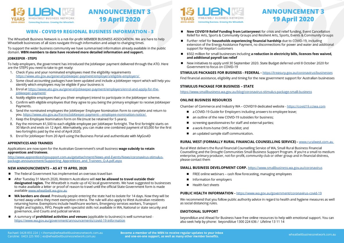 Key information for businesses in the region. This is our third general advice to #wheatbelt businesses. If you would like more detailed and regular information become a member!