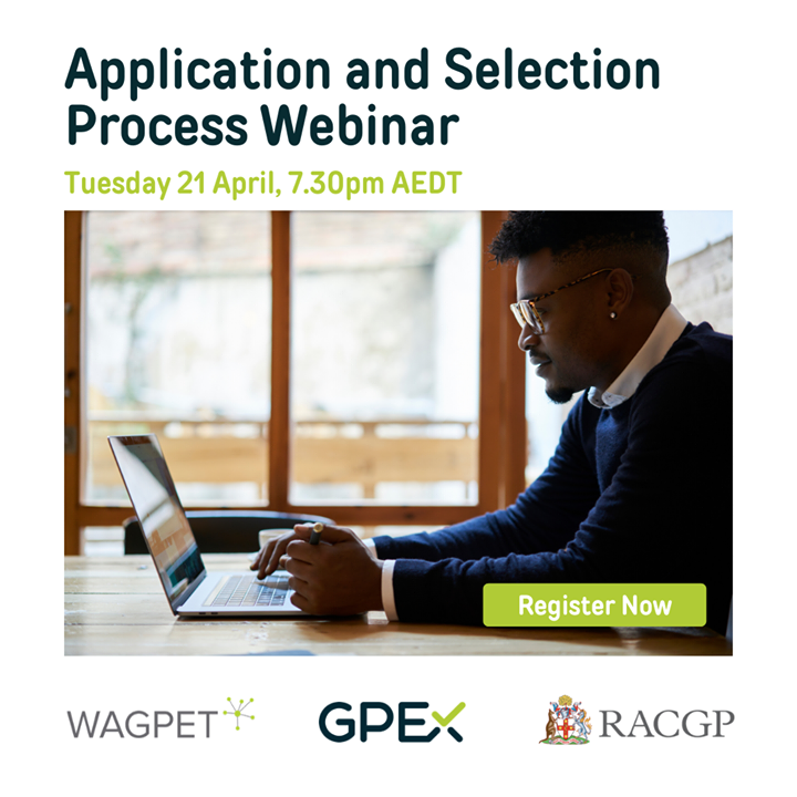 GPEx_SA's tweet photo. Have you registered for our 'Application and Selection Process' Webinar with @RACGP and @wagpet on Tuesday 21 April? Register now to secure your place: https://t.co/eIPdPIZemM
#WebinarSeries #RACGP #WAGPET #AGPTProgram #ApplicationAndSelectionProcess #SpecialiseAsAGP https://t.co/37D1CIALlo