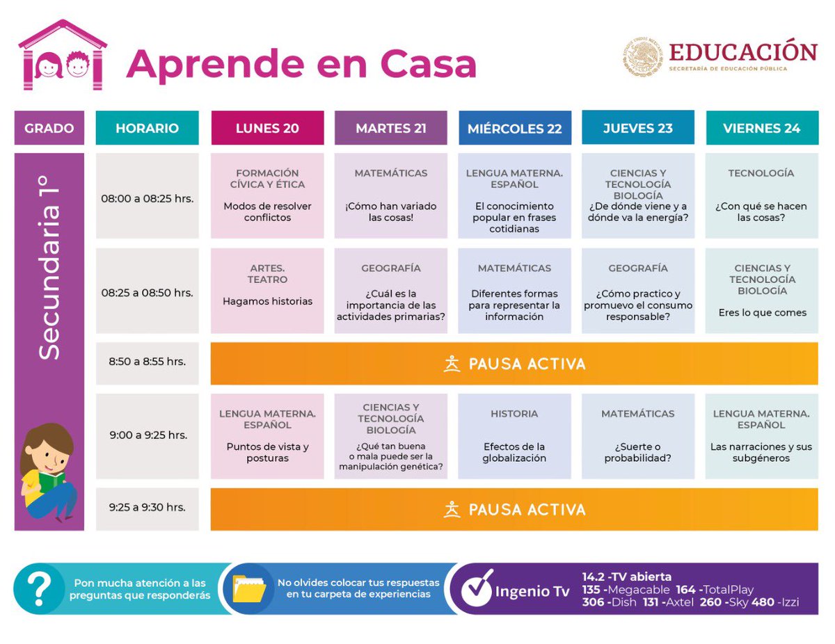 SEP_mx's tweet photo. ¡Alumnas y alumnos de #Secundaria, volvemos a clases través de #AprendeEnCasa!

A través de #IngenioTV proyectaremos las materias de cada grado, te compartimos el horario y si tienes dudas nos puedes contactar:

☎️5536017599

📞8002886688

¡Aprendamos juntos!
🏠📚📝 https://t.co/Uij2qyPy1y