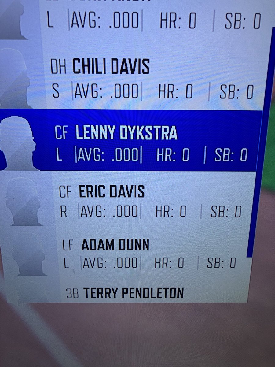 jferralli's tweet photo. @LennyDykstra who else would I put in when I need a hit...? NAILS!!(The stats are blank when I play as the Legends-RBI ‘19) https://t.co/Zank7lx9tp