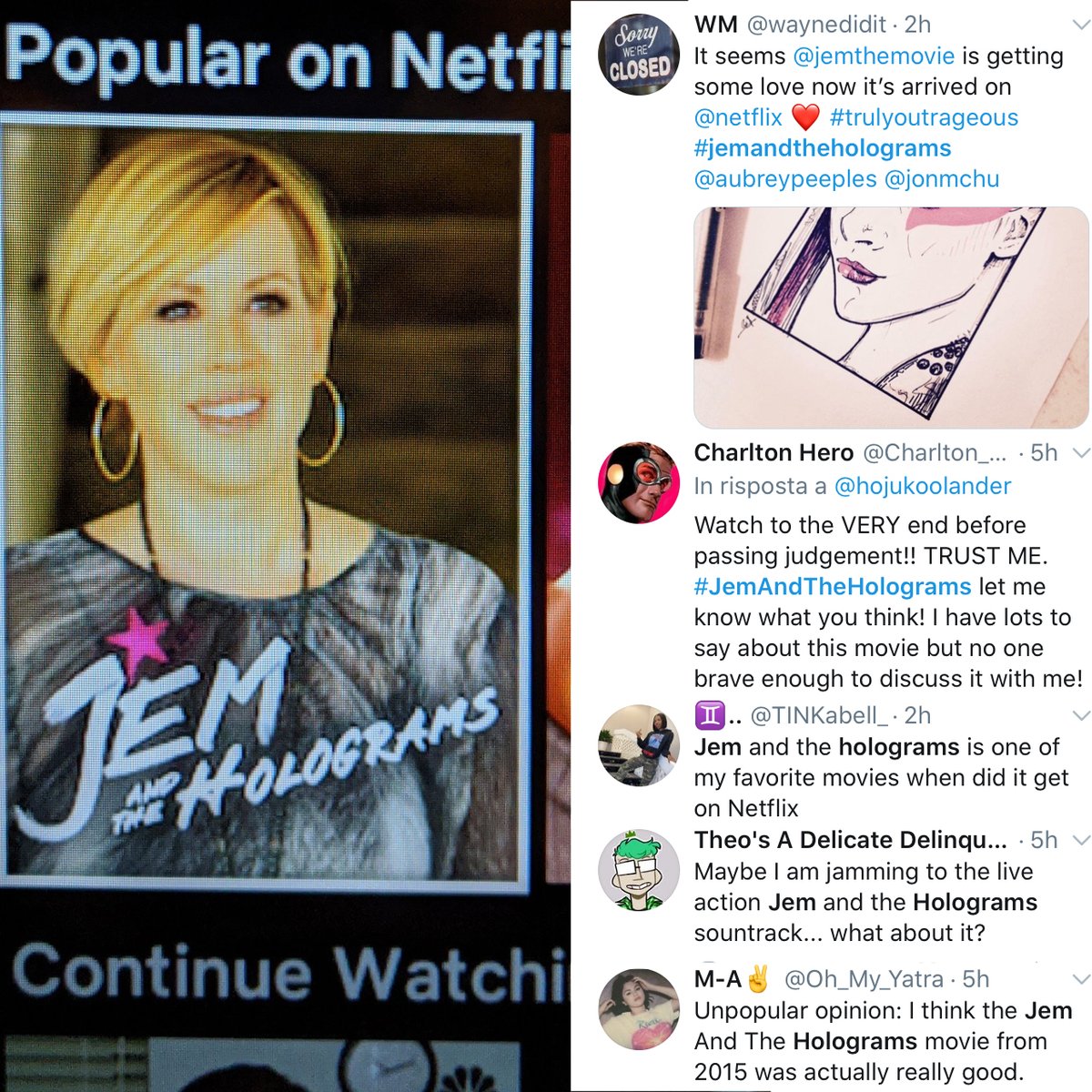 JemItaly's tweet photo. Well,well, #JemAndTheHolograms is #popularonnetflix and people actually like it. Maybe we can finally have the long awaited sequel #RiseOfTheMisfits as a #NetflixOriginal?
#JemTheMovie #SaveOurSequel #WeWantMoreJem #Hasbro #Blumhouse @Hasbro @netflix https://t.co/ddZLuSo3JE