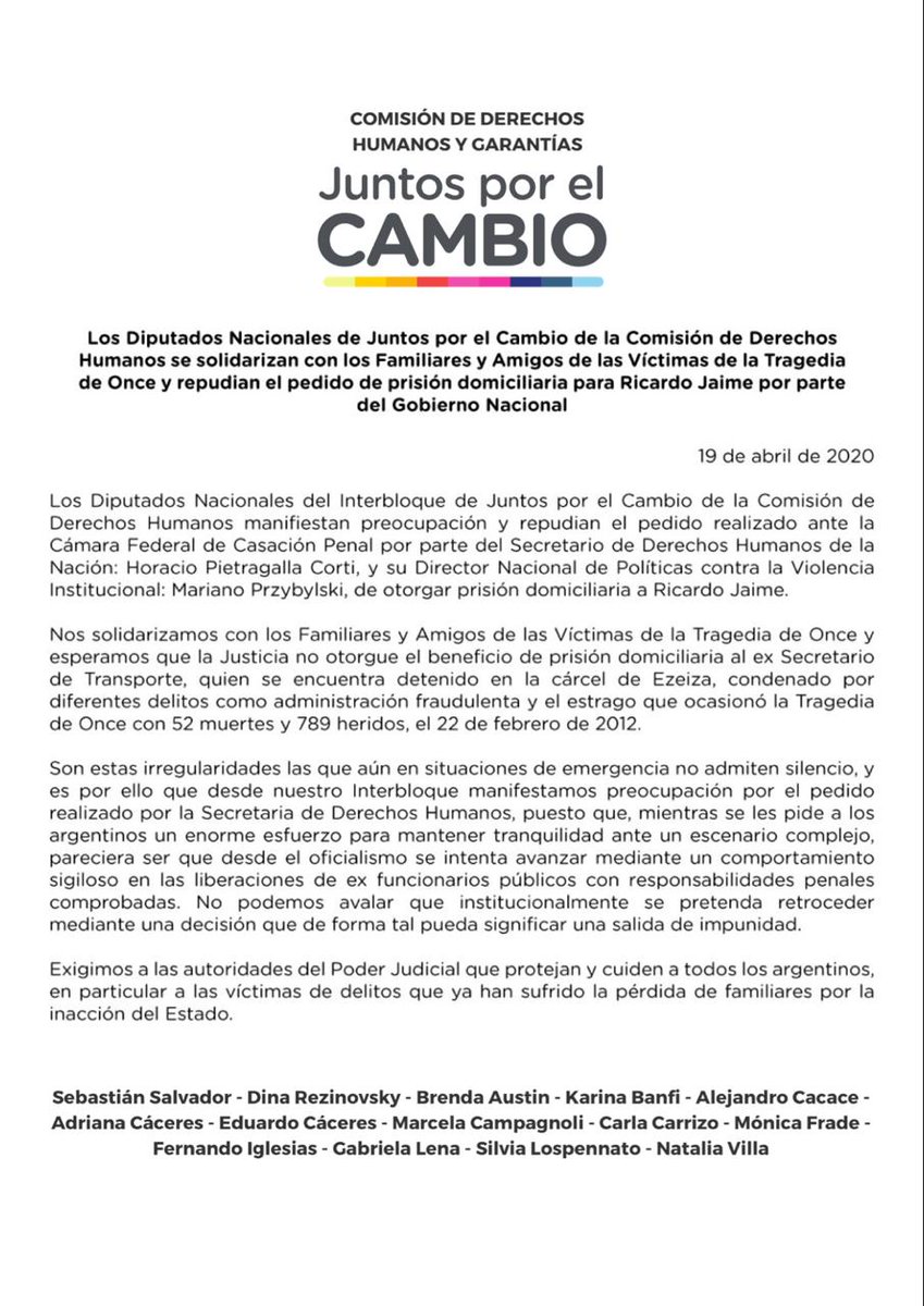 SebaSalvadorOk's tweet photo. Los Diputados Nacionales de @juntoscambioar que integramos la Comisión de DDHH repudiamos el pedido del Gobierno Nacional para otorgarle la prisión domiciliaria a Ricardo Jaime. 

Mi solidaridad hacia los familiares de las víctimas de la tragedia de Once. 

LA CORRUPCIÓN MATA https://t.co/wrrKHLgfG5