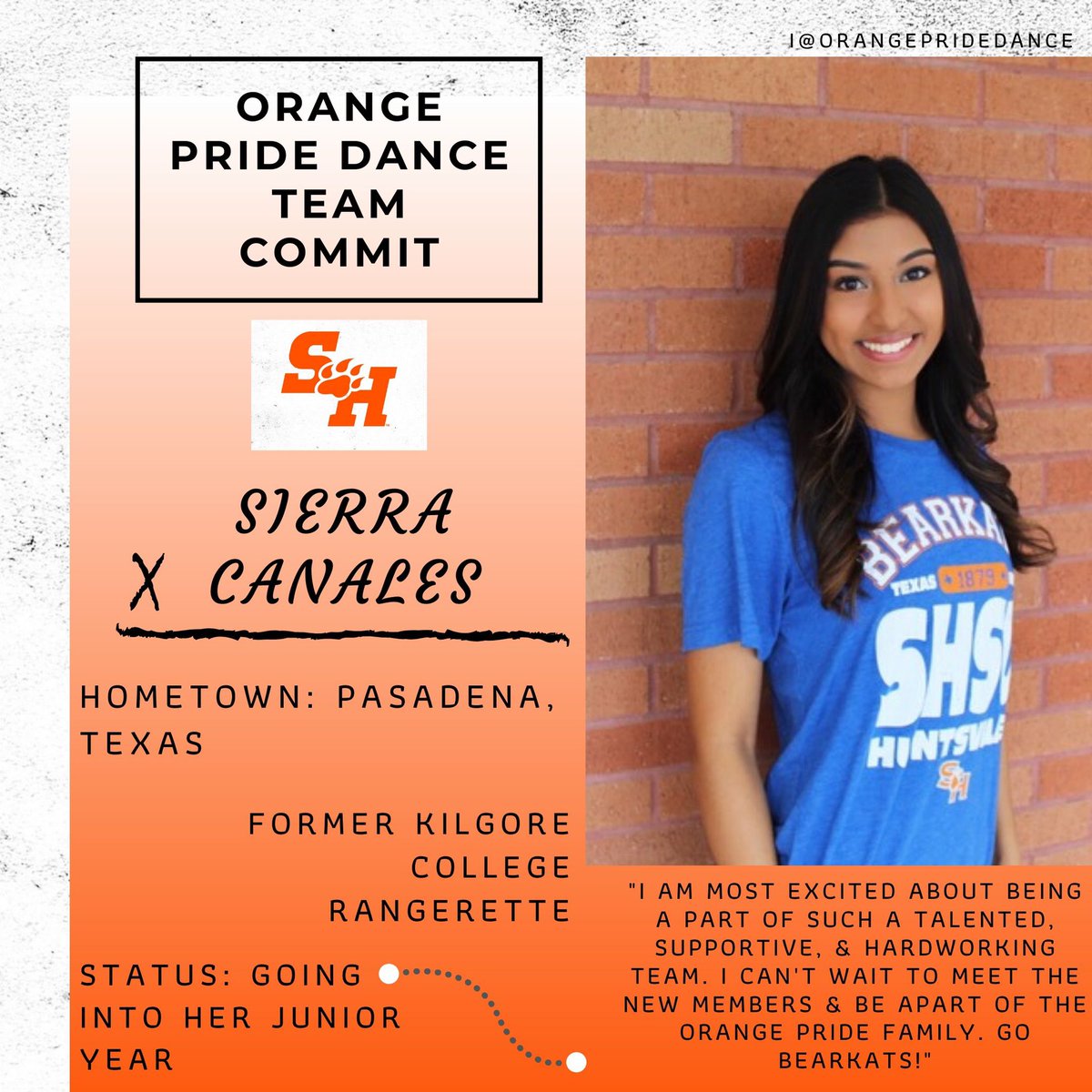 SHSU_OPDT's tweet photo. Congratulations to our next new member commit to the 2020-2021 season! Everyone welcome Sierra Canales to Orange Pride! 🐾🍊 https://t.co/LDy0DXcmp4