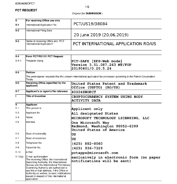 El 26 de marzo de 2020 fue publicada en la web oficial de WIPO, una patente muy controversial en mi concepto. Se trata de la patente con código de registro WO2020060606 propiedad de  #MICROSOFTSISTEMA DE CRIPTOMONEDA USANDO DATOS DE ACTIVIDAD DEL CUERPO. https://patentscope.wipo.int/search/en/detail.jsf?docId=WO2020060606&tab=PCTBIBLIO