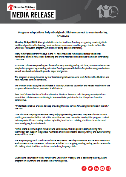 SaveAusNews's tweet photo. MEDIA RELEASE: Aboriginal children in the NT are gaining new insight into traditional practices like hunting, local medicines, ceremonies and language, thanks to Save the Children’s #Play2Learn program, which is now being delivered remotely. #coronavirus https://t.co/S5Xc4KUXdJ