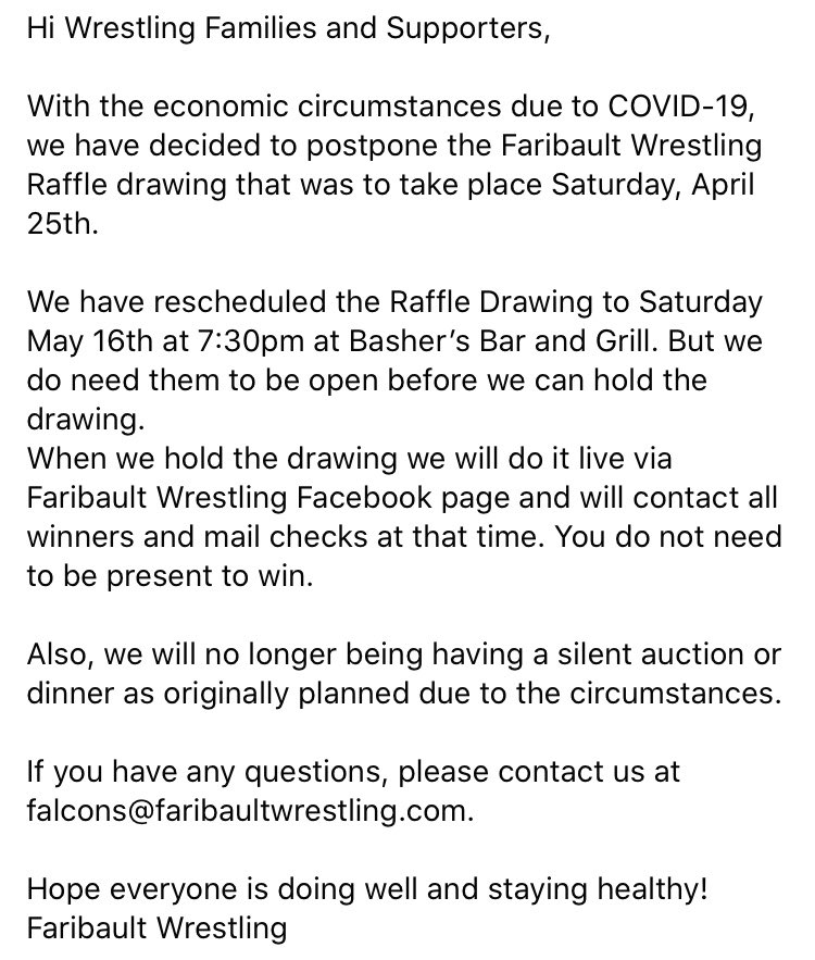 FboWrestling's tweet photo. Fbo Wrestling Supporters, We are rescheduling our annual Raffle drawing to May 16th! https://t.co/AFU8vm4RRF