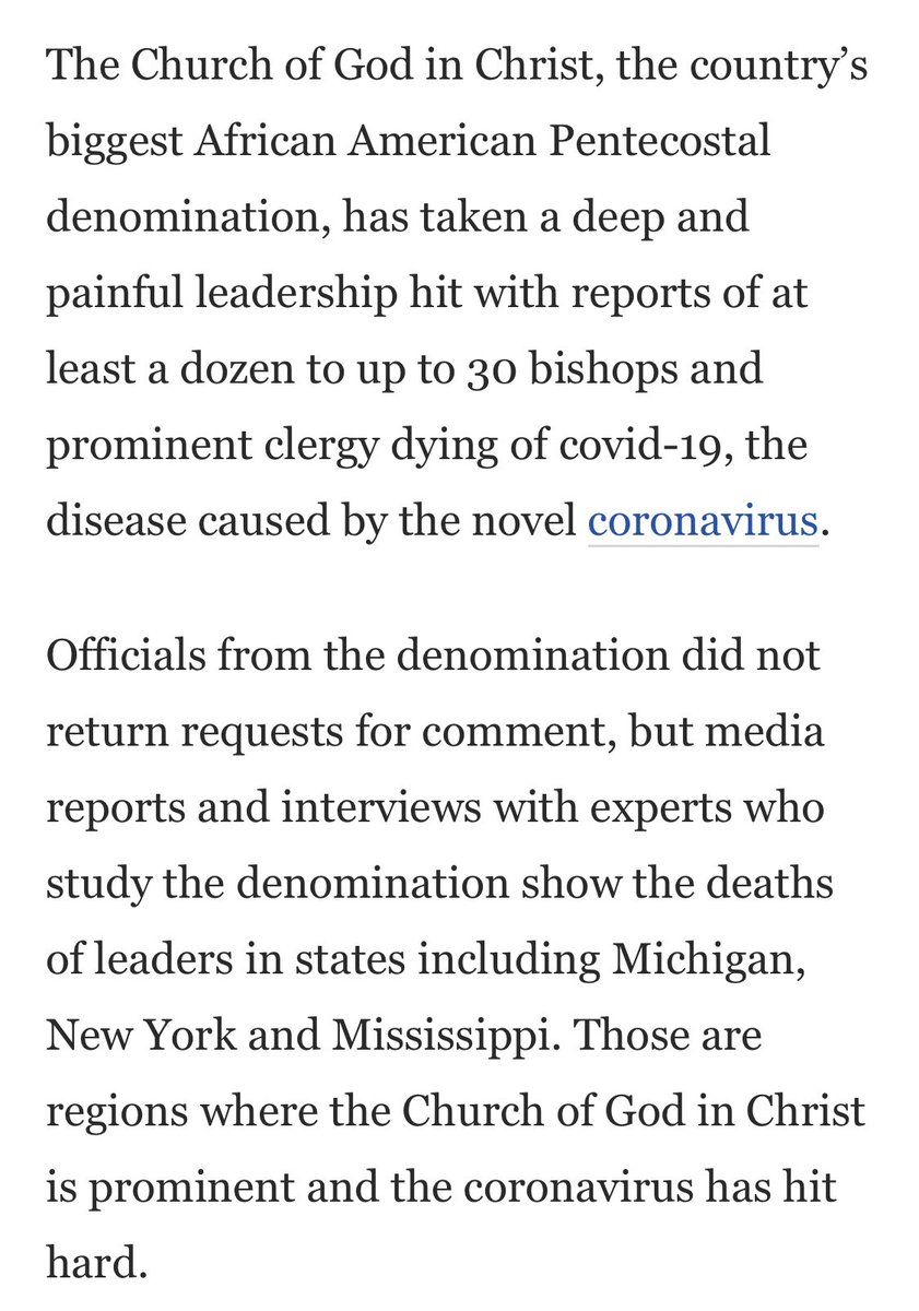  #COVID19 has killed multiple bishops and pastors within the nation’s largest Black Pentecostal denomination | via  @washingtonpost Disparity devils in the details...  #Cult45*  #AusterityGospel  #JesusWept  #EmptyThePews   https://www.washingtonpost.com/religion/2020/04/19/church-of-god-in-christ-pentecostal-coronavirus-kills-bishops/