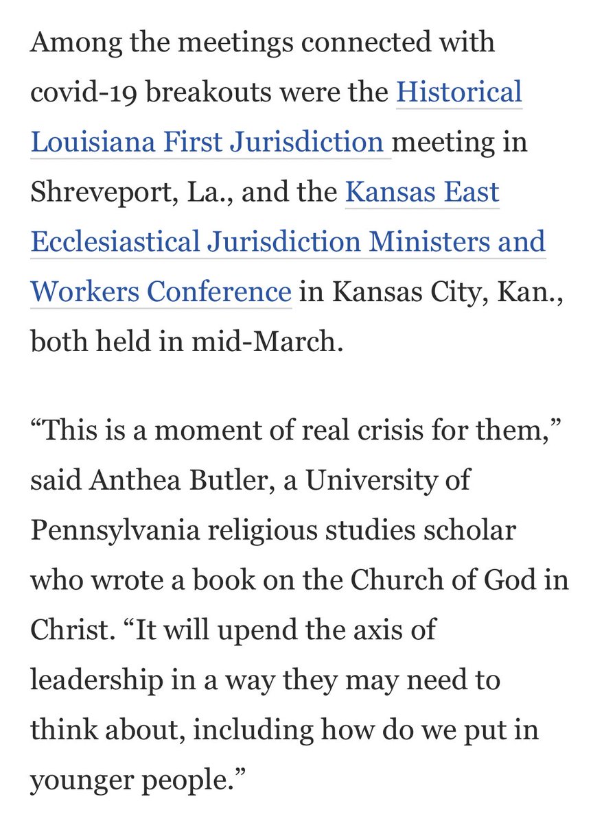  #COVID19 has killed multiple bishops and pastors within the nation’s largest Black Pentecostal denomination | via  @washingtonpost Disparity devils in the details...  #Cult45*  #AusterityGospel  #JesusWept  #EmptyThePews   https://www.washingtonpost.com/religion/2020/04/19/church-of-god-in-christ-pentecostal-coronavirus-kills-bishops/