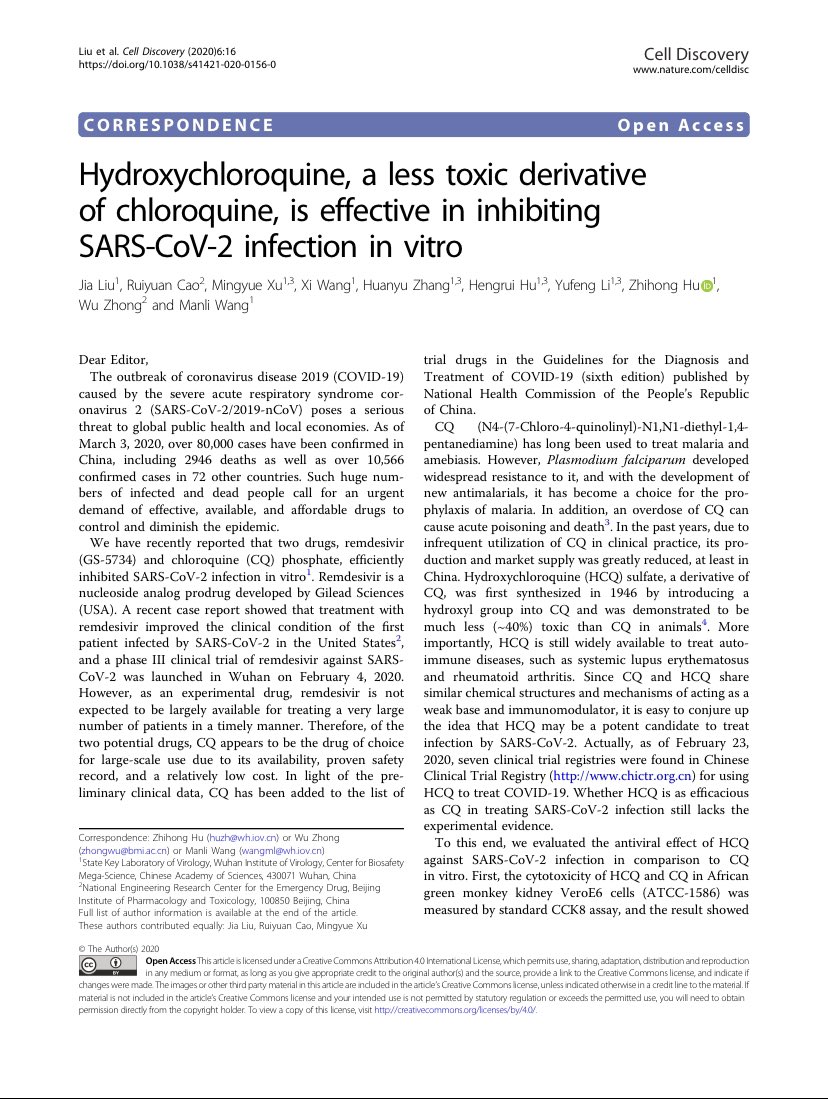 Here is another paper co-authored by published on 18th March 2020 by Chinese scientists with aid of Shi Zhengli saying that Hydroxylchloroquine a less toxic derivative of Chloroquine is effective in inhibiting SARS-CoV-2 this infection in vitro.