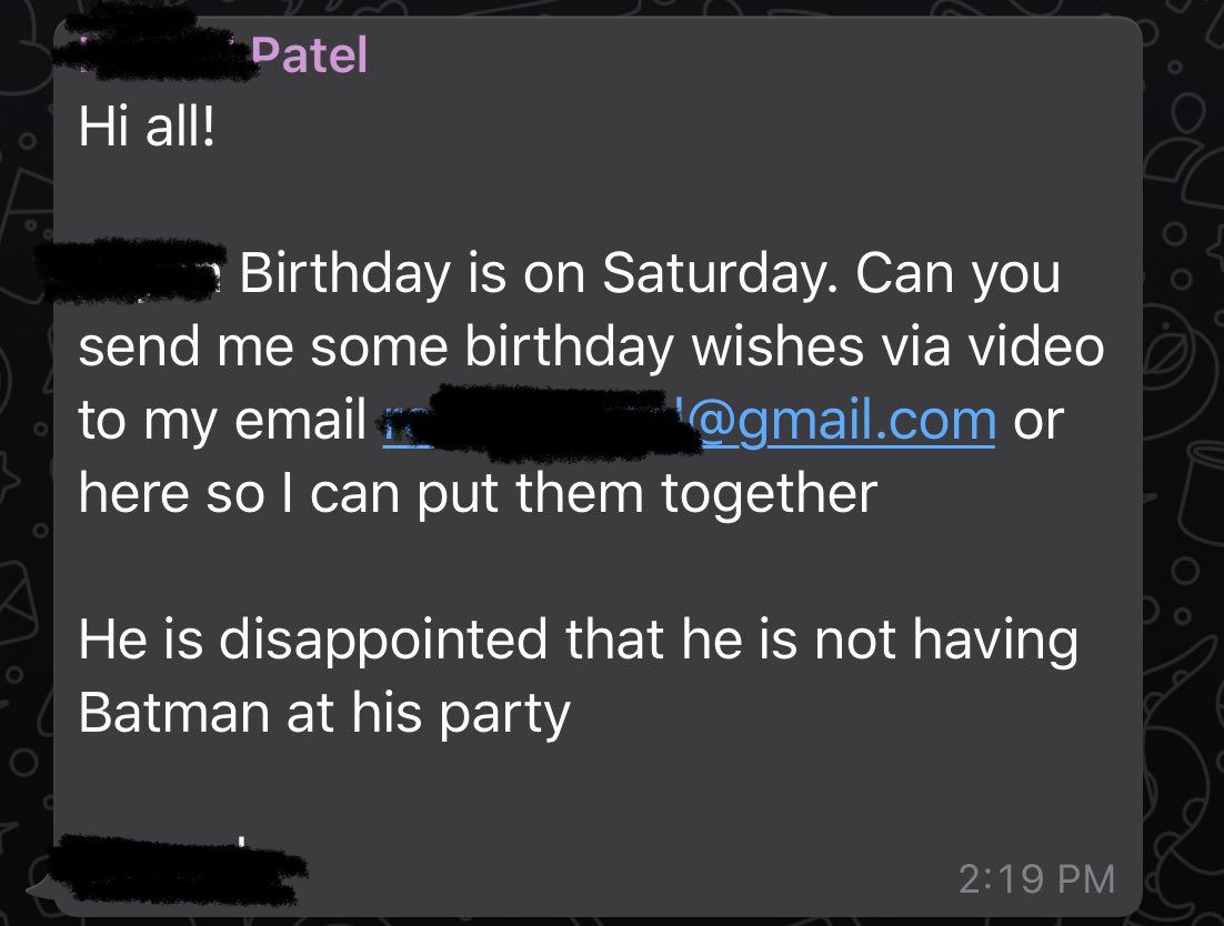 devdpatel86's tweet photo. @arnettwill I know a little boy who is sad about not having Batman at his birthday this weekend. I hear you know a guy. Do you think you can ask him to send a birthday card or make a call? Love your new show. #batman #legomasters #hermano https://t.co/rhVxB47Y3D
