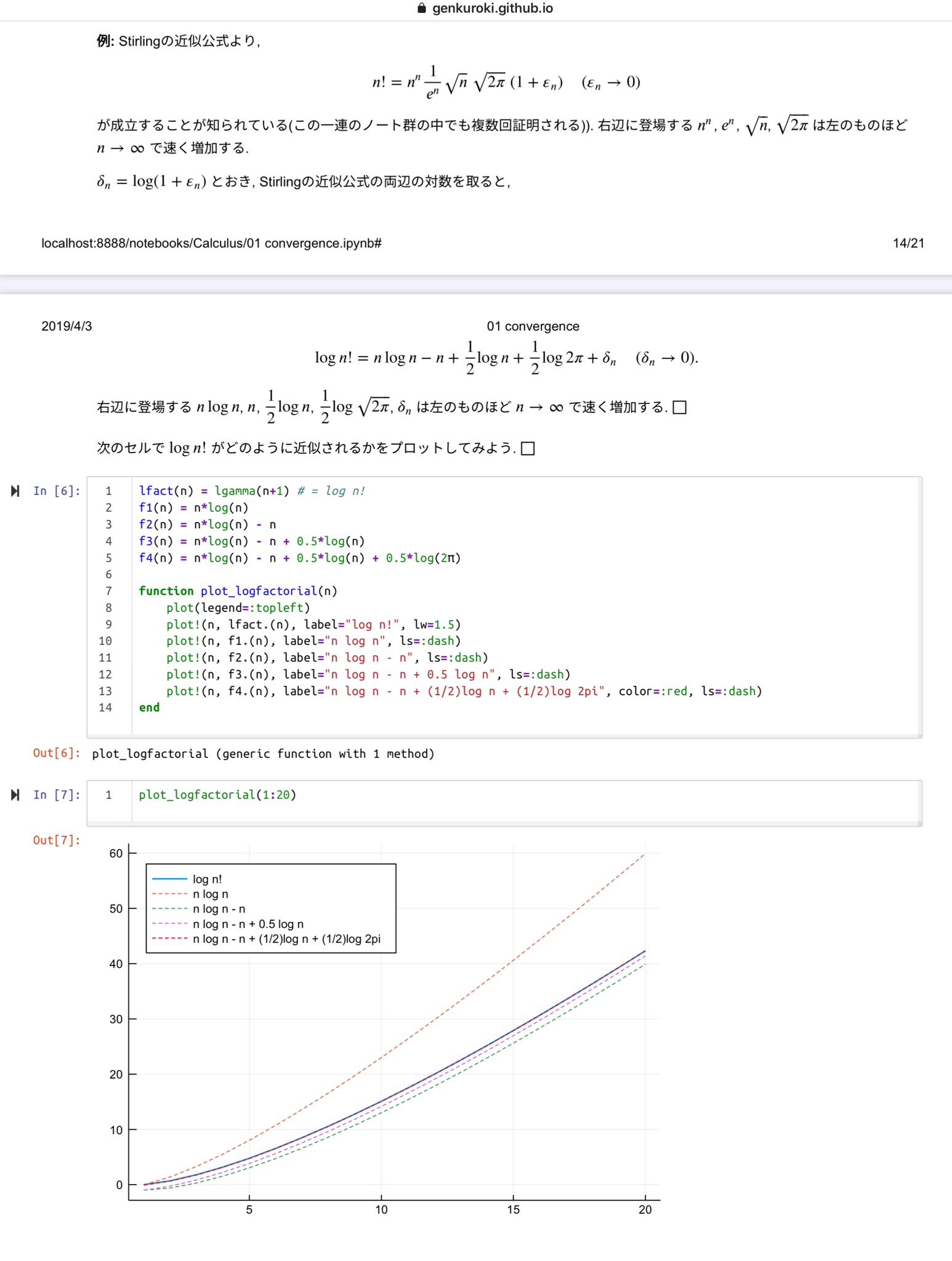 黒木玄 Gen Kuroki 数楽 階乗に関するstirlingの近似公式の対数版のプロット Log N N Log N N 1 2 Log N Log 2p O 1 添付画像2枚目の2つ目のグラフを見れば Nがものすごく大きければ Log N の N Log N による近似がそう悪くないことが 黒木玄 Gen Kuroki 数楽 階乗に関するstirlingの近似公式の対数版のプロット Log N N Log N N 1 2 Log N Log 2p O 1 添付画像2枚目の2つ目のグラフを見れば Nがものすごく大きければ Log N の N Log N による近似がそう悪くないことが