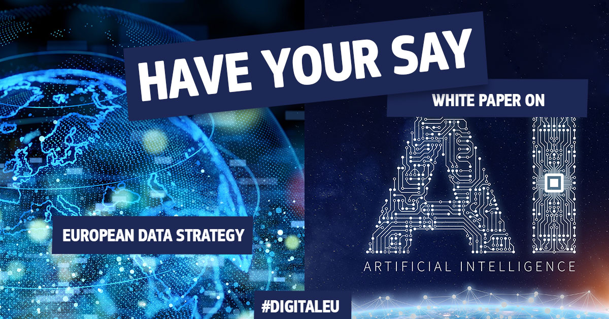 Our #Ai and #Data consultations are still ongoing and we need your input!

Have your say on:
European Data Strategy → bit.ly/EUdataSpaceCon…
Artificial Intelligence White Paper → bit.ly/EUforAI

#EUdataSpace #DigitalEU