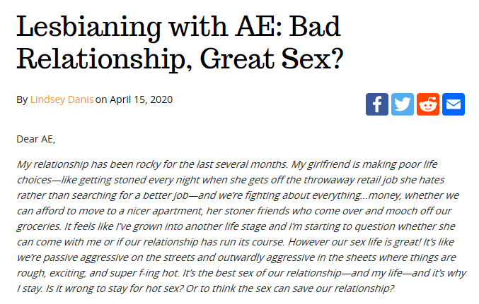 The "Preserving Herstory" piece is dated by comments older than the publication date. The wayback machine says the "Lesbianing With" column is from 2018 https://web.archive.org/web/20200420073307/https://www.afterellen.com/lifestyle/advice-column/558171-lesbianing-ae-bad-relationship-great-sex