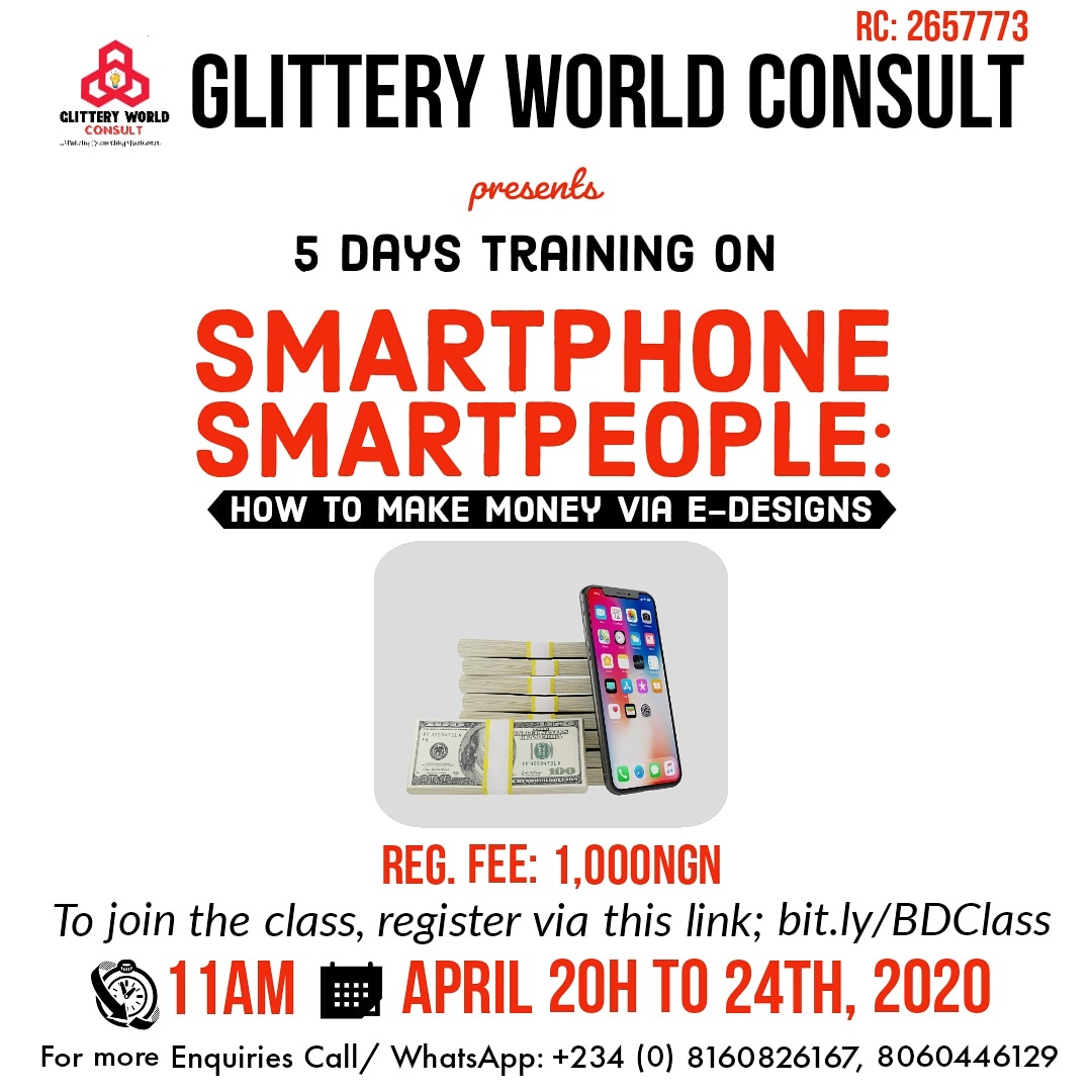 glitteryworldc's tweet photo. Good Morning! 🤗🤗 The last phase of our training for April starts today.
Come and learn how to make money with your smartphone via e-designs. 
There is still room for you to register if you haven't.
Kindly use the link in our bio now! 
See DP for all other information. 
#edesign https://t.co/MIdZKwgJ1U