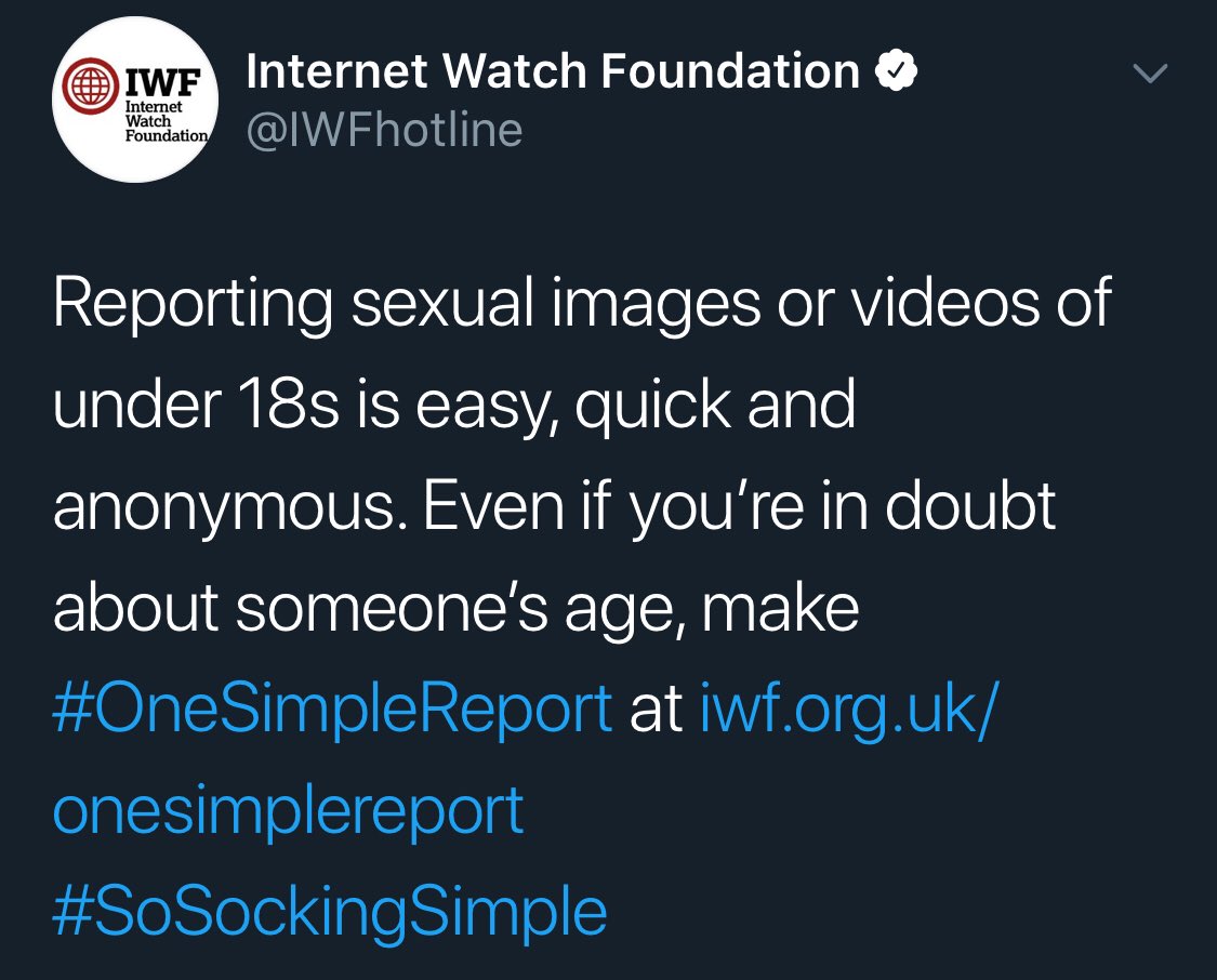 M4J0medicen's tweet image. También nos dicen: “Informar sobre imágenes o videos sexuales de menores de 18 años es fácil, rápido y anónimo. Incluso si tiene dudas sobre la edad de alguien, haga #OneSimpleReport en iwf.org.uk