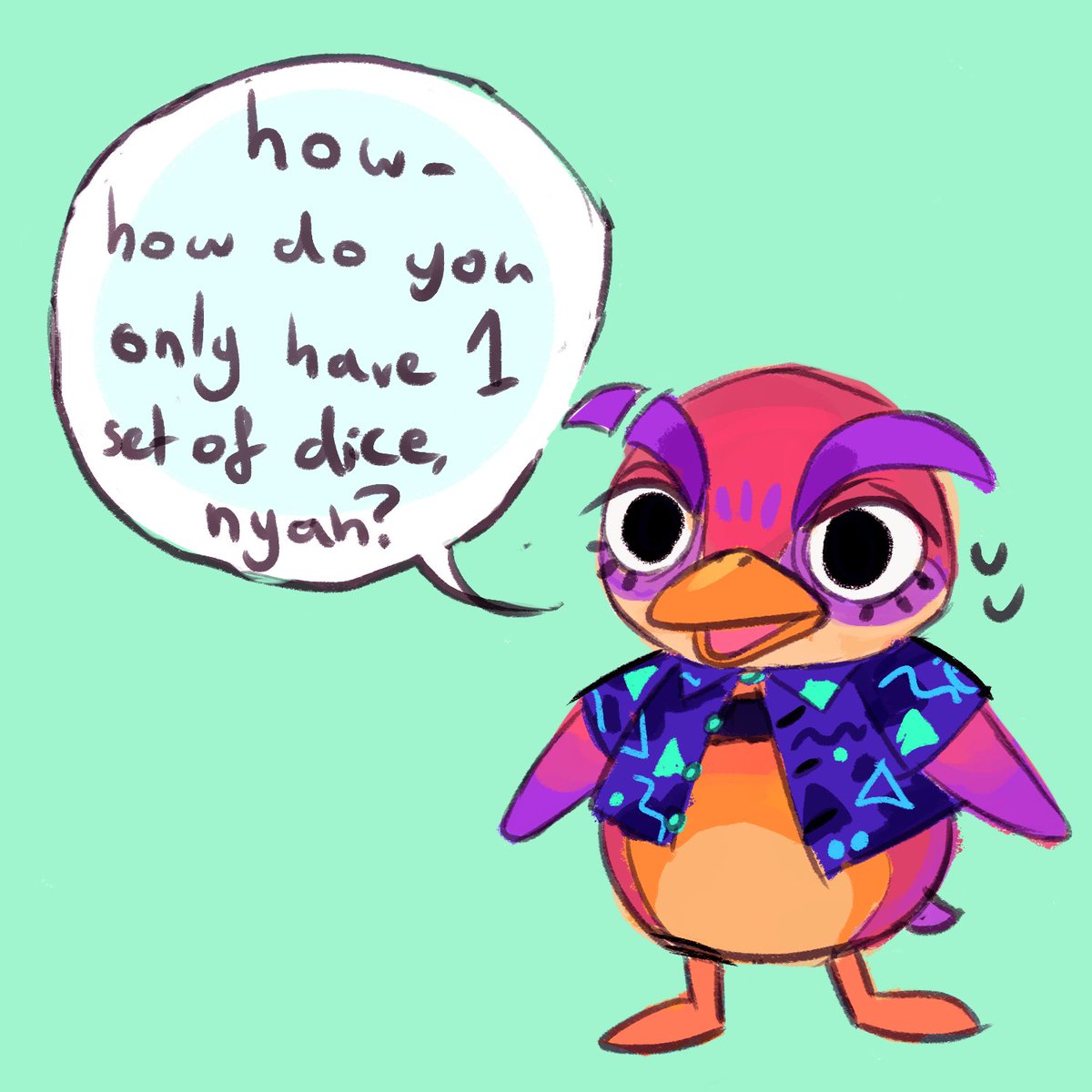 --and here we are! here's how y'all think i'd be as an AC villager! 

Feli is a sunset-hued smug penguin with a hip style (in this case, 90s arcade carpet chic jfgkjg) and they'll probably end up giving you unsolicited play-by-plays of their latest 7 hour dnd sesh ✨?✨ 