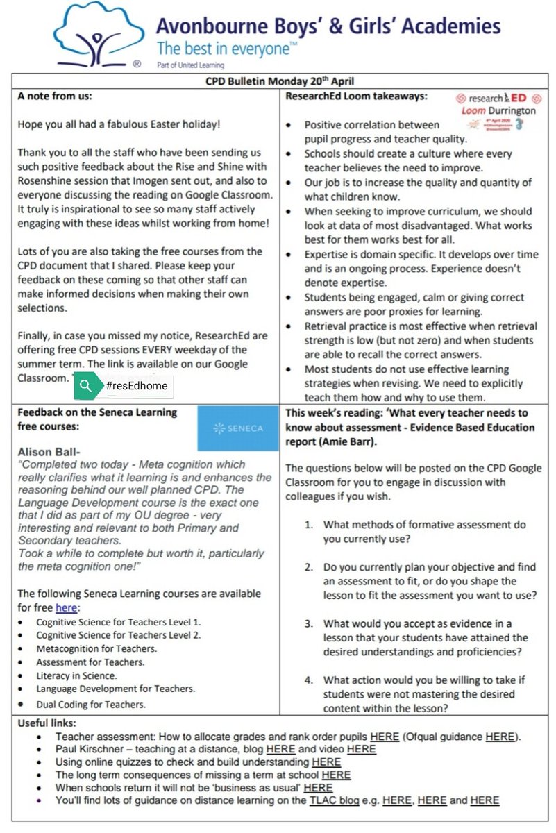 avonbourneTandL's tweet photo. Good morning! Here is this week's CPD bulletin, complete with some takeaways from #ResearchEdDurringtonLoom and recommendations for @SenecaLearn CPD. https://t.co/SbjQZOUcAt