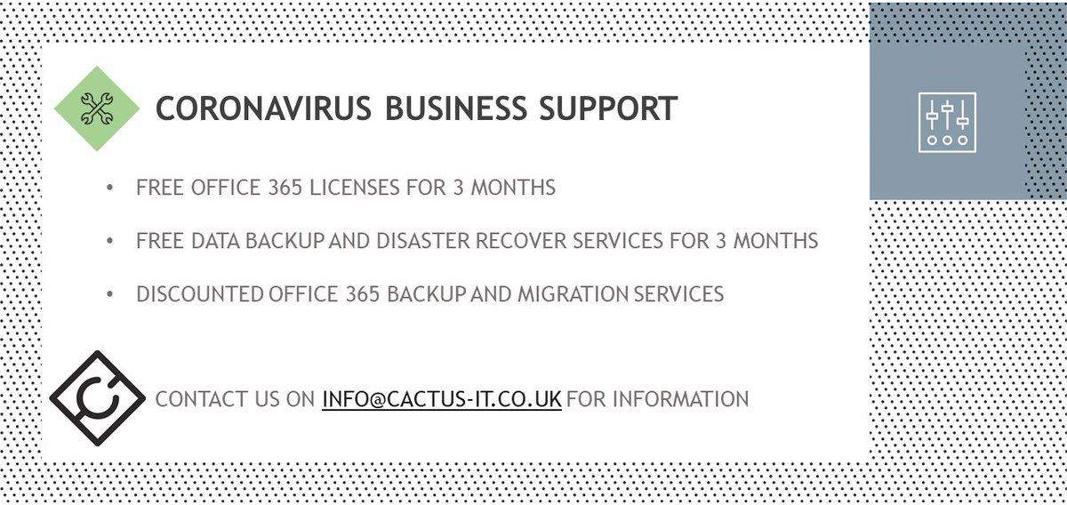 CactusITuk's tweet photo. Cactus IT offering Coronavirus Business Support with FREE #Office365 licenses, FREE data backup and discounted services
https://t.co/dGdGHggsWv 

#Coronavirus #IlkleyChat # IlkleyBizForum #IlkleyBID #BradfordBID #YorkshireMafia https://t.co/WSGFakyPTF