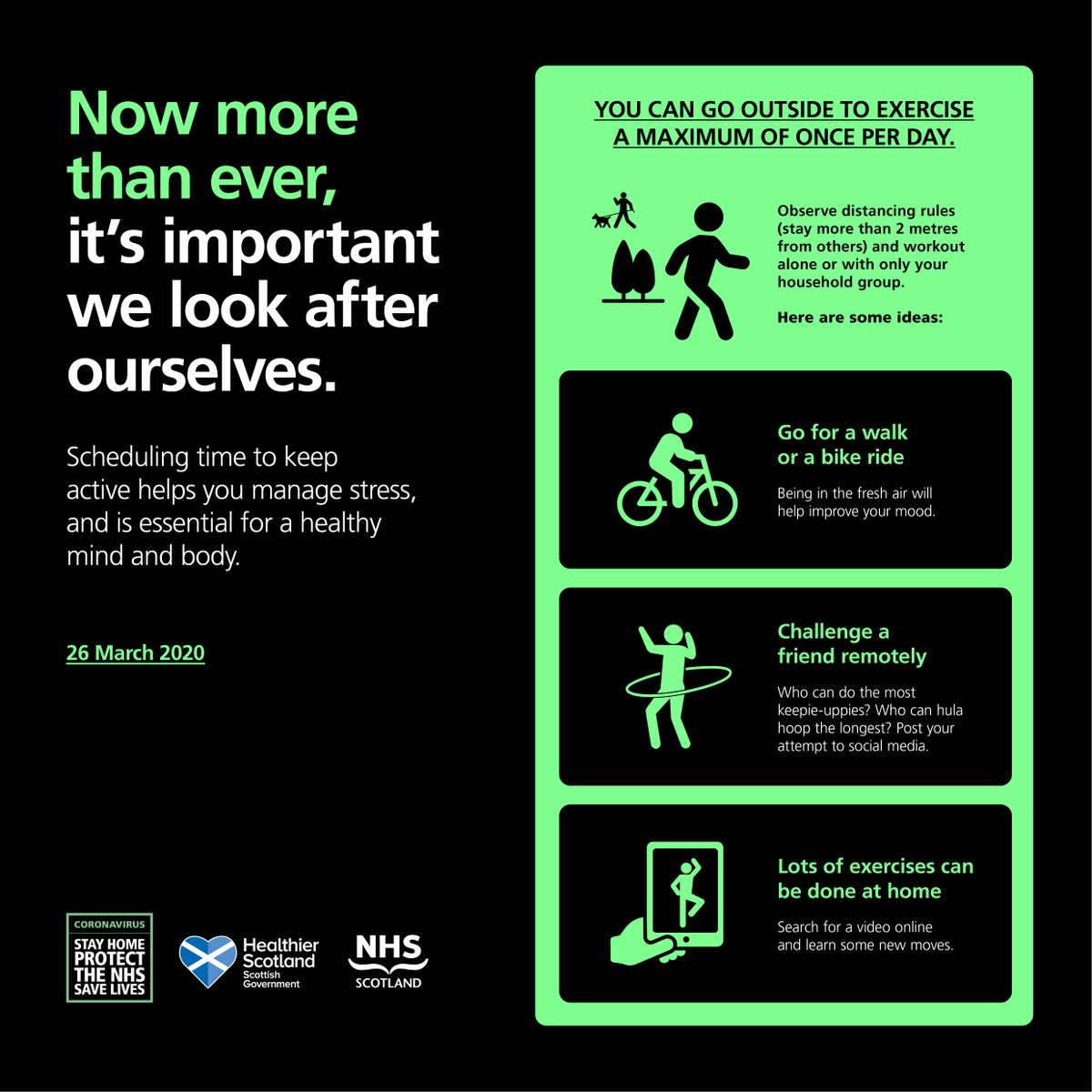 It is important to look after ourselves now more than ever. Keeping active helps with stress and is essential for a healthy mind and body. Why not try some of these: