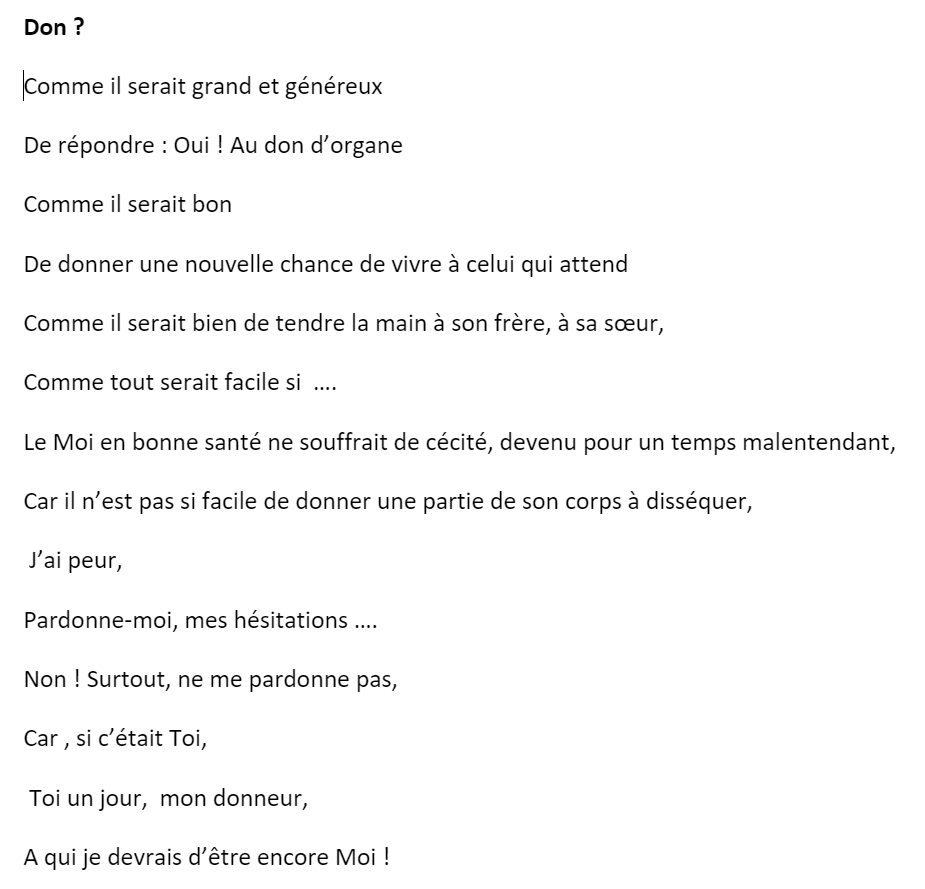 Confiné.. mais tous solidaires! Voici un des poèmes soumis au concours littéraire Trans-Forme sur le don d’organes 
#CDC2020 #dondorganes #courseducoeur #sapducoeur
#chacunaunsuperpouvoir <a href="/olivier/">Susan Baker</a>.coustere@myriadintermediation.com
<a href="/ANDRIEU/">André OTTOBRUC</a>, Antoine @eloisepillias@trans-forme.org