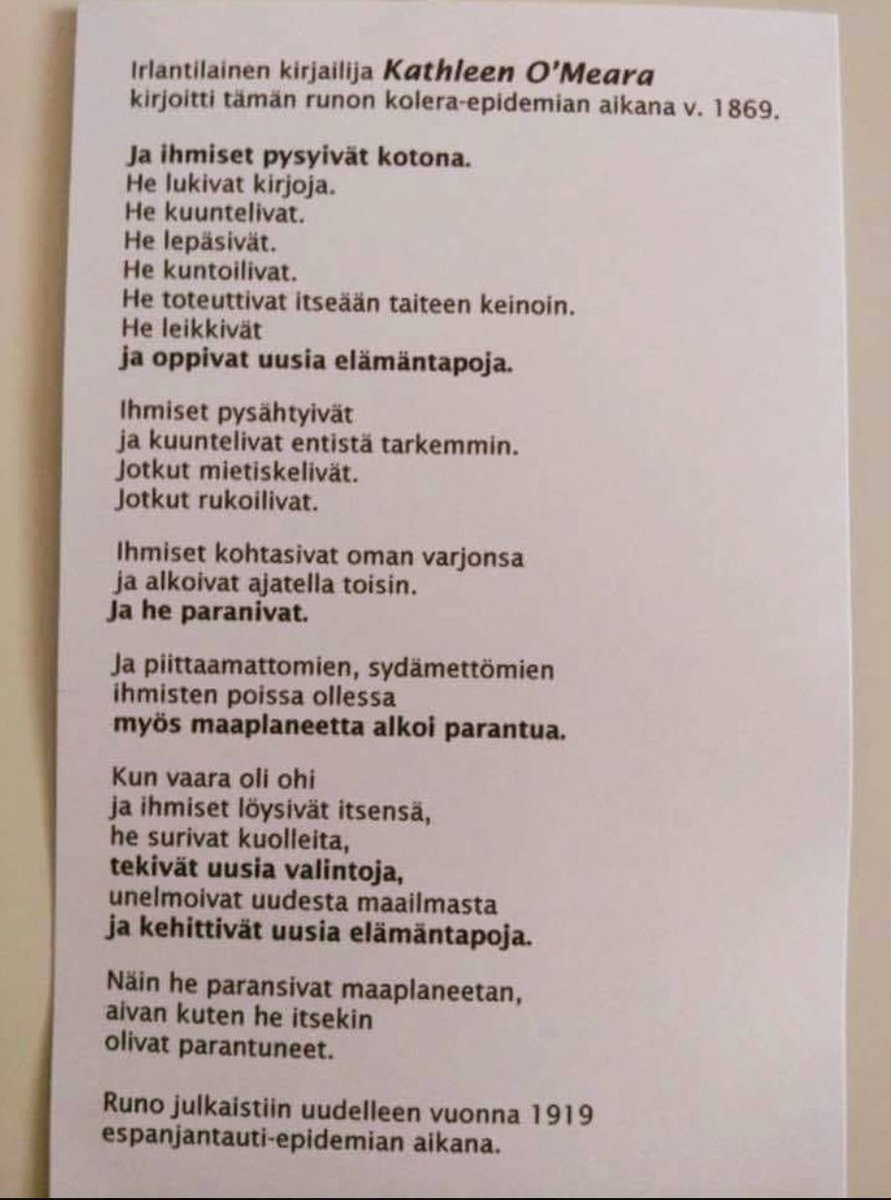 1/ Päivystävä ilonpilaajanne täällä, moi! Sitä viraalia runoa, jota nyt kovasti jaetaan, ei ole kirjoitettu vuonna 1869 kolera-epidemian aikana. Ei myöskään 1919 espanjantaudin aikana. Se on vuodelta 2020. #faktantarkistus