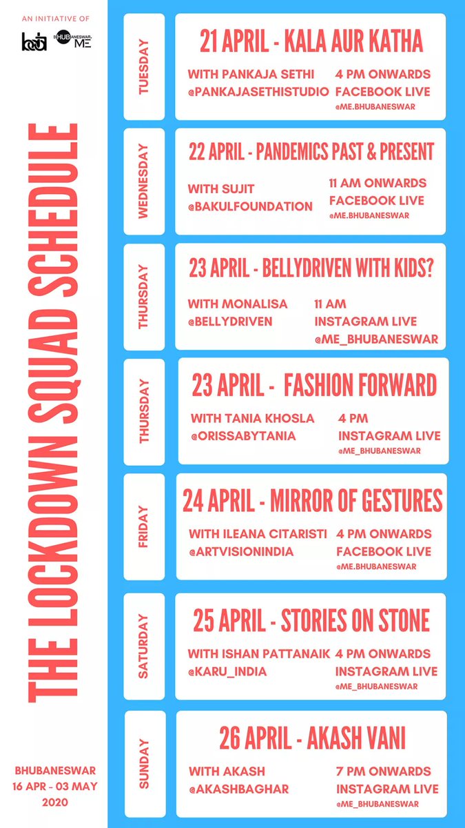 Here's the next lineup of #TheLockdownSquad stars  ⭐

#CreateFromHome #LearnFromHome 
With #TheLockdownSquad 

April 16 - 03 May 2020 / LIVE on Social 📲 <a href="/me_bhubaneswar/">Bhubaneswar Me</a>