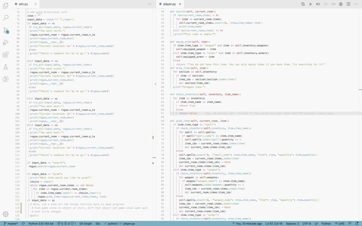 manoroforchids's tweet photo. #100DaysOfCode #R2D11
Finally got around to this, hacked out code for searching, handling item intake & quantities. Trying to figure out how to handle leveling up (note to self, add level & exp properties to player class) and monster encounters. lmk if you spot bugs!โ๏ธ๐ฟ https://t.co/fdwEkaa67y