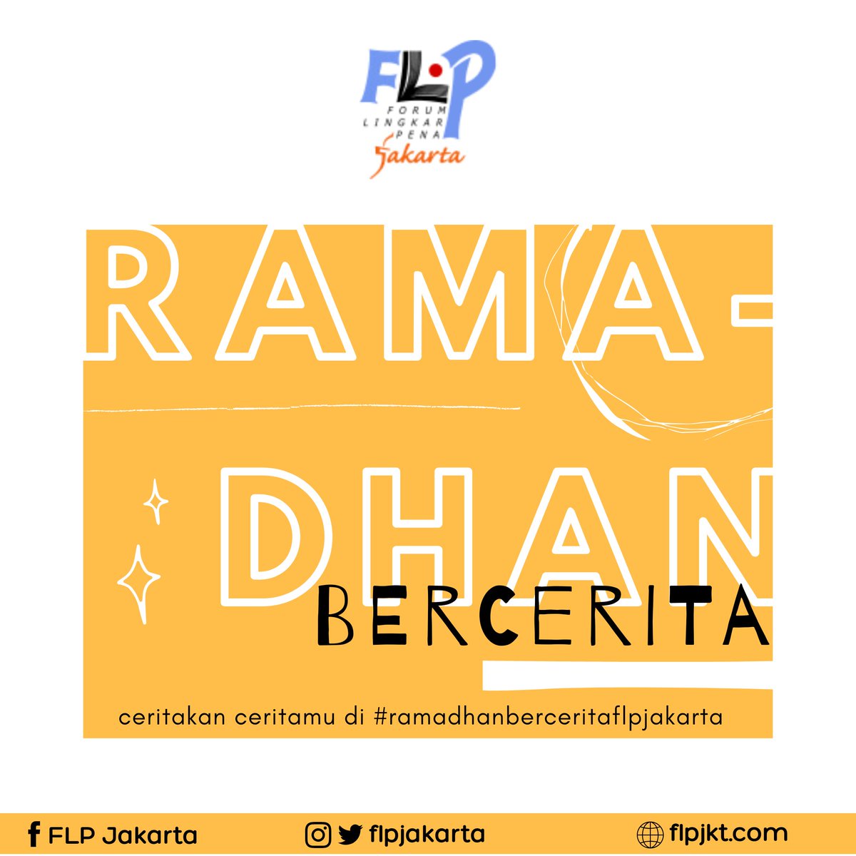 Assalamu’alaikum,

Hai sobat!

Ramadhan sebentar lagi nih. Walau di tengah pandemi, jangan biarkan hari-hari kita hanya diisi dengan basa-basi. Menyambut bulan nan suci ini, yuk join #RamadhanBerceritaFLPJakarta!

cc: <a href="/FLPOke/">Forum Lingkar Pena</a> <a href="/FLPJaya/">FLP JAYA</a>