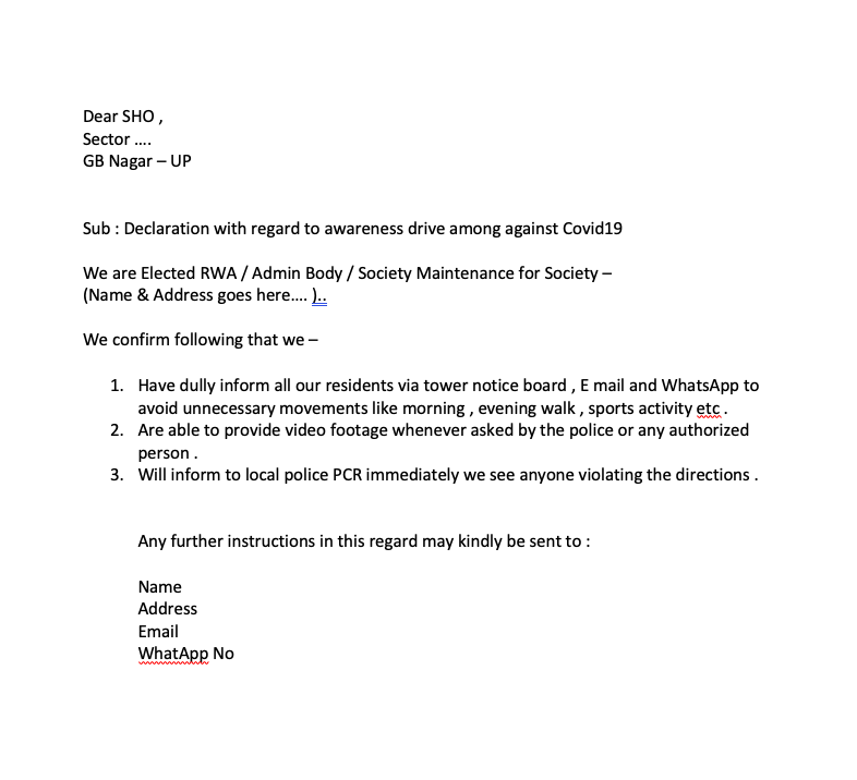 Sect75N's tweet photo. @dmgbnagar Pls ask every high rise society to write a crisp 3 line letter to local SHO as per attached format . Educated people are violating the #lockdown  .  @noidapolice @Uppolice @dgpup  @dr_maheshsharma #COVIDー19 #COVIDIOTS #NoidaDM https://t.co/IcUERk3tRM