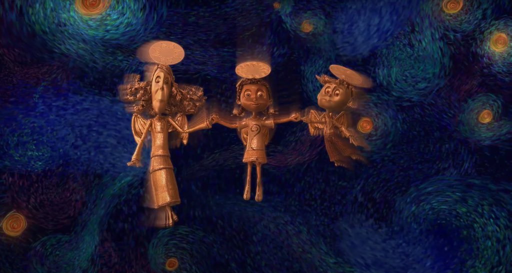 (38) When Coraline talks with the ghost children once they’ve been freed, the background is strikingly similar to Van Gogh’s starry night painting. Many interpretations of this painting see it as a bridge between life and death, with the sky representing heaven.