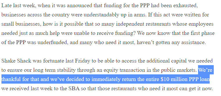 That was fast. Shake Shack is outraged PPP was underfunded and is now returning the $10 million  https://www.linkedin.com/pulse/shake-shack-returning-its-ppp-loan-heres-why-randy-garutti/