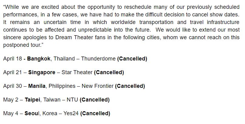_mymusictaste's tweet photo. We are saddened to announce that Dream Theater's The Distance Over Time Tour in Bangkok, Singapore, Manila, Taipei, and Seoul is being cancelled.

Please contact the ticket vendors to claim your refunds. More info https://t.co/ILOgct59sU

#DreamTheaterinAsia #DistanceOverTime https://t.co/PHJOmoHWZ8