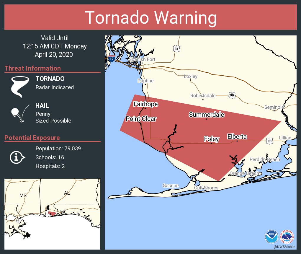 NWStornado's tweet photo. Tornado Warning continues for Fairhope AL, Foley AL, Point Clear AL until 12:15 AM CDT https://t.co/yUNf0r2Ubs