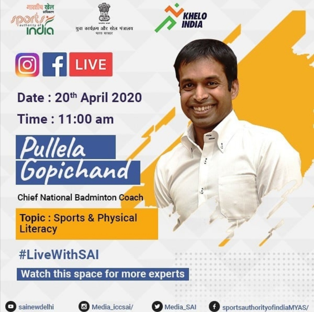 GamePointInc's tweet image. Watch Pullela Gopichand Live on FB and Instagram on 20th April 2020 11 A.M. 
Topic : Sports &amp;amp; Physical Literacy.
#LiveWithSAI #gamepointinc #StayHomeStaySafe