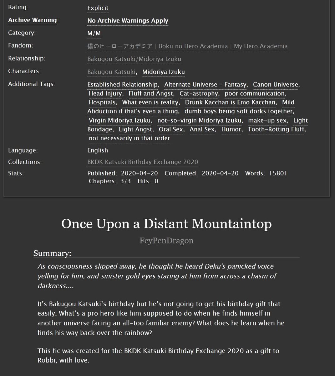 I wanted to share my <a href="/Bkdk_Birthday/">BKDK Unbirthday Party</a> exchange gift with the world! Read "Once Upon a Distant Mountaintop" at archiveofourown.org/works/23707009…

(This spicy-sweet #NSFW fic is for @/robbiwrites who you should absolutely follow for such great BKDK stuff!)