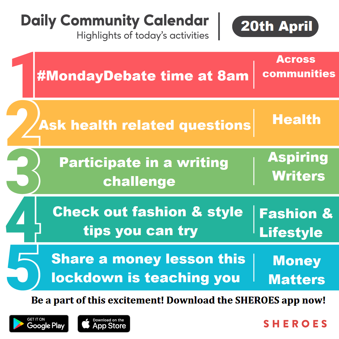 Monday kicks off with lots of action on the SHEROES app. 

Tune in to #DoctorHour with @DrMichelleF, debates, #MoneyTalk, #writing #challenges, Post #Covid19 #entrepreneur conversations & more!

Download the SHEROES app and get going #MondayMotivaton #mondayvibes