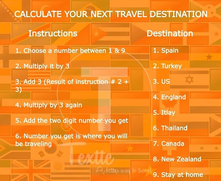 usetextte's tweet photo. #QuarantineLife #CoronaTime
Are you the one who enjoy's traveling ?
Calculate your next travel destination :)
#CoronaVirusUpdate #COVID2019 #CoronaInPakistan #CoronaVirus #CoronavirusOutbreak #Quarantine #StayTuned #BetterWayToTravel #Textte https://t.co/hJ8AuWDQZL