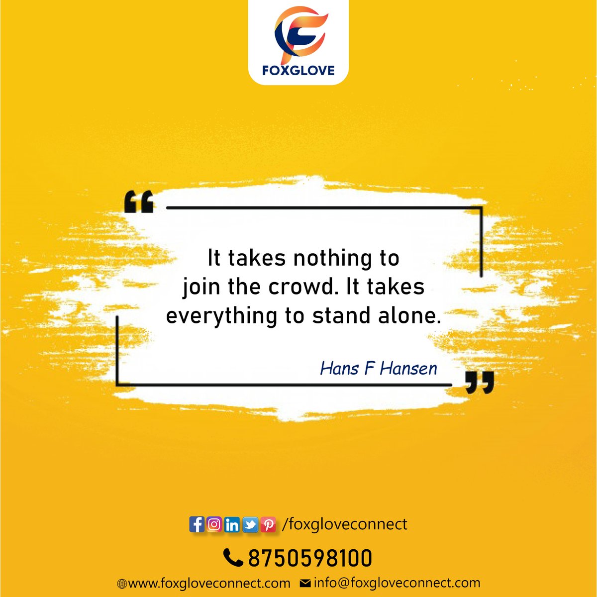 FoxgloveConnect's tweet photo. "It takes Nothing to join the crowd. It takes Everything to stand alone".

People inspire you or they drain you - pick them wisely.

Visit: https://t.co/qdrHEgg1kH today!

#FoxgloveConnect #EnterpriseMessaging #TechStartup #COVID19 #GoOnline #MondayMotivation #MotivationalQuote https://t.co/FeWXwzyyyl