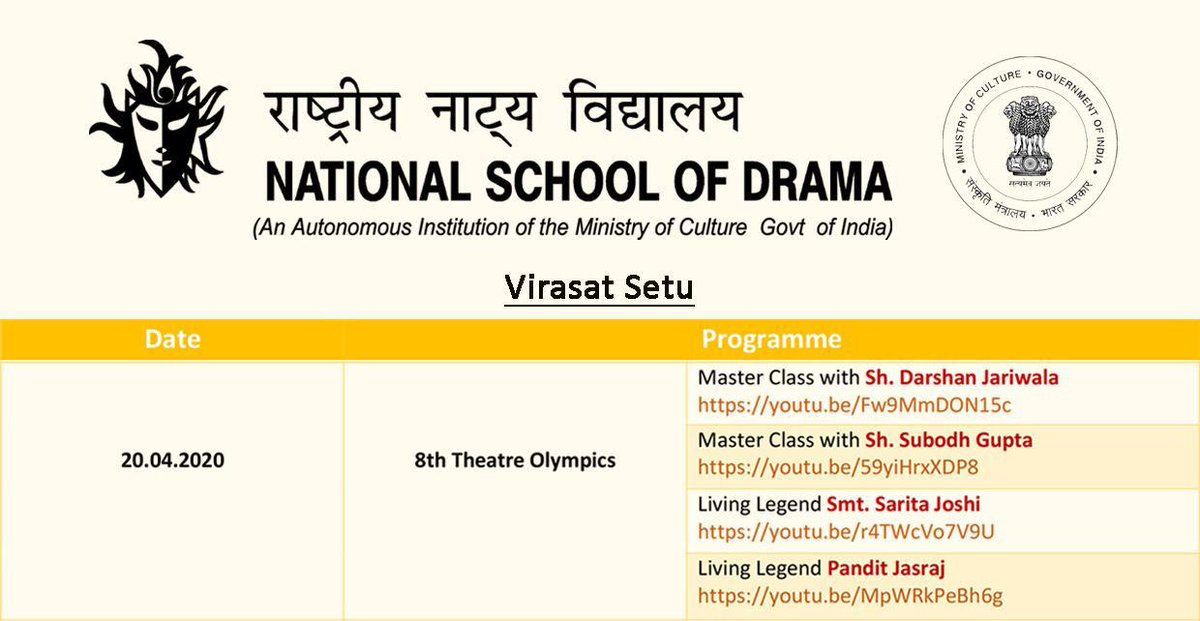 nsd_india's tweet image. Subscribe our YouTube Channel to know the theatre insights from #DARSAHNJARIWALLA #SUBODHGUPTA #SARITAJOSHI #PANDITJASRAJ 
youtube.com/watch?v=Fw9MmD…
youtube.com/watch?v=59yiHr…
youtube.com/watch?v=r4TWcV…
youtube.com/watch?v=MpWRkP…
#SharedCultures dCulture #SharedHeritage 
@MinOfCultureGoI