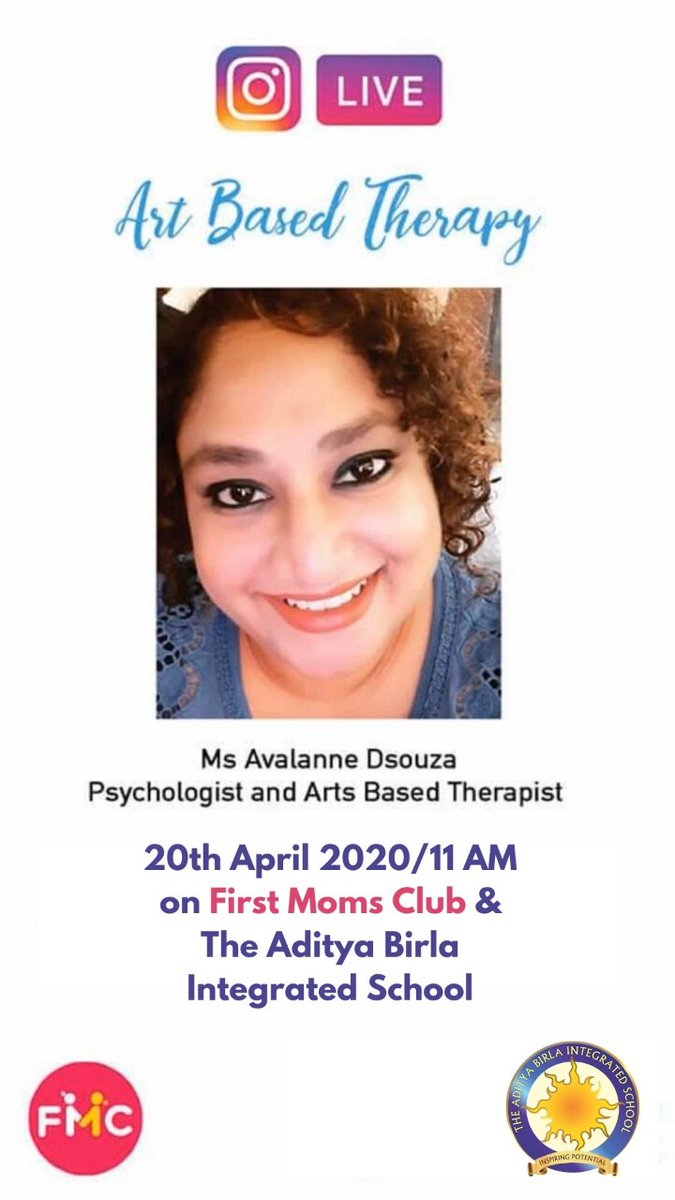 ruchitarambles's tweet photo. Going live on our Instagram in 10 minutes 😊 come join us as we chat about art based therapy with Ms Avalanne D'Souza of #TheAdityaBirlaIntegratedSchool and @DarRuchita of #FirstMomsClub!

Follow us - https://t.co/xISyRPpE8k https://t.co/wLkr5ozmb3
