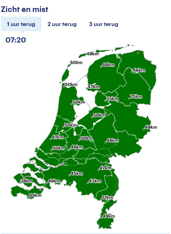 MeteoRoodescho1's tweet photo. Zeldzame zichtkaart met op sommige plaatsen 50 Km zicht (bron: buienradar) https://t.co/fXKdZsjXC8
