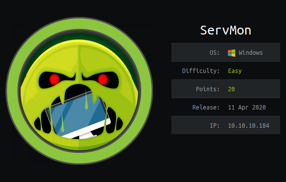 0xGreen3's tweet photo. ServMon @servmon from @hackthebox_eu
#pwned!! Fun easy machine but so damn slow and annoying. You can't even type in the shell but still learn a thing or two. #thankyou #hackthebox #baaz #hacking #hackers #april #april2020 #redteam #year2020 #HackTheBox #hack #hackingForFun https://t.co/yGpFCCSiSn