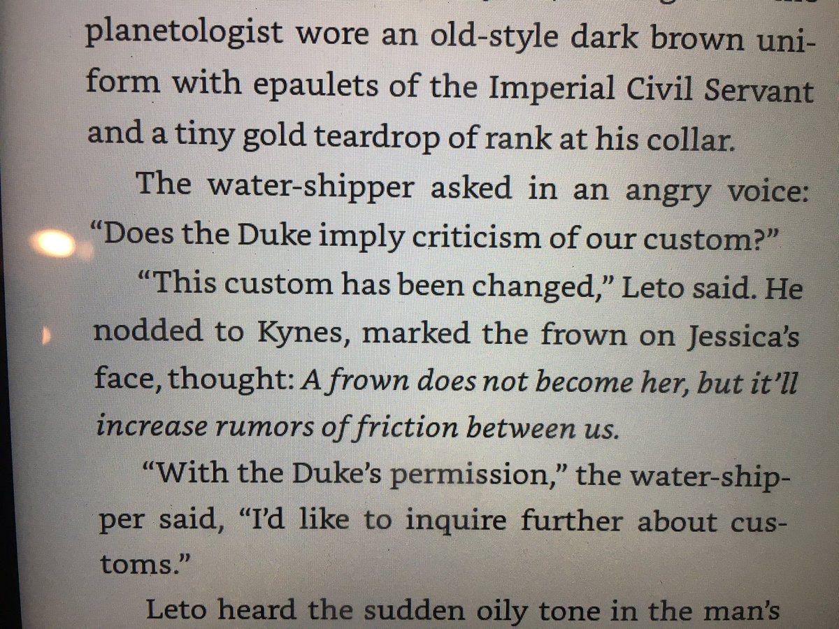 Duke Leto: gotta convince my concubine I suspect her of treason even though I totally don’t and there’s no good reason she couldn’t be in on the pretence!Also Duke Leto: she’d be prettier if she smiled