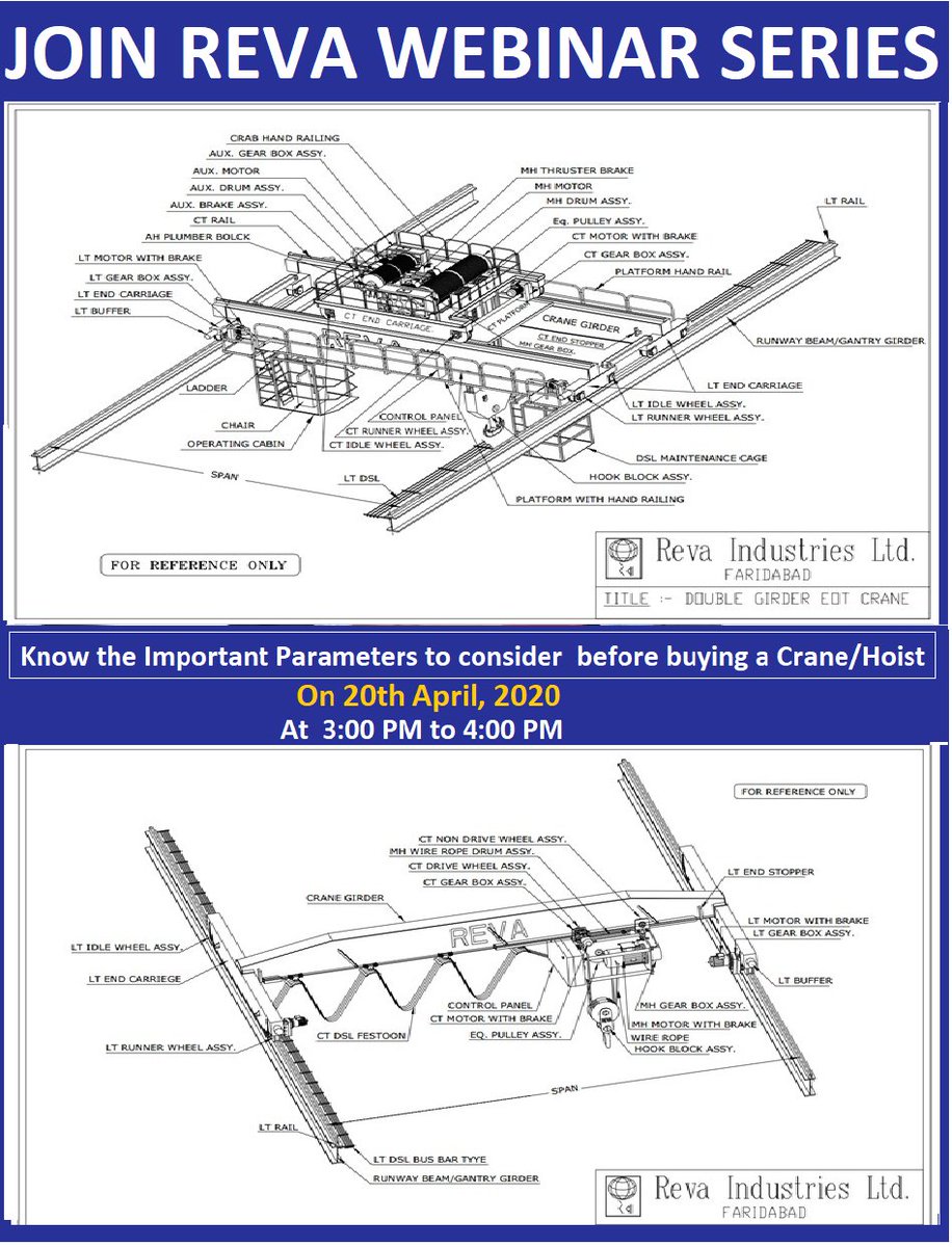 revadmkt's tweet image. JOIN TODAY REVA WEBINAR SERIES ON  20TH  APRIL 2020  ON ZOOM 
1)  A) Webinar Series  Buying Facts Of Cranes – Design,  Installation &amp;amp; Services and Purchase Aspects.  Time: 03:00 PM -04:00 PM. 

2) Webinar Series  -  Know How To Maintain Your Cranes? 
Time : 04:00 PM -05:00 PM