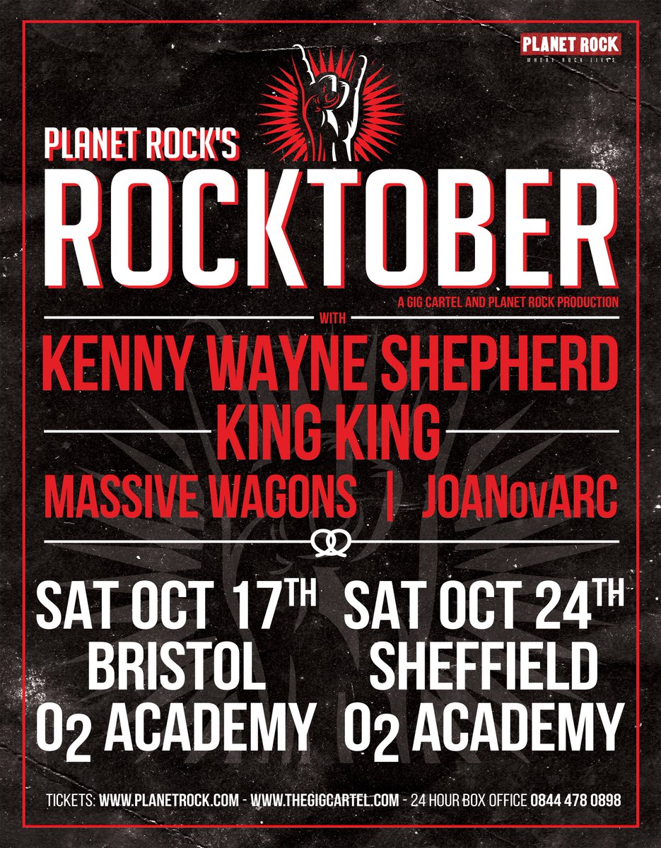 KingKingUK's tweet photo. Very pleased to be added to the @PlanetRockRadio Rocktober lineup in October with @KWShepherd @MassiveWagons &amp; @Joanovarc 
17th October O2 Academy Bristol @o2academybris 
24th October O2 Academy Sheffield @O2AcademySheff 
https://t.co/l8pXL12kPJ https://t.co/WcuR1fOqFB