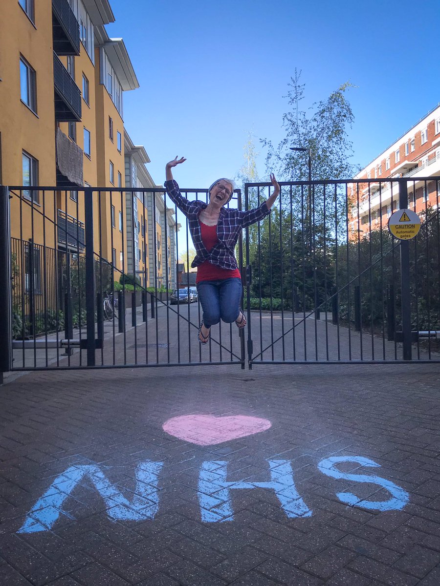 Mandi asked me to come and take her picture and when she came to her gate we found this  #ThankYouNHS chalk. Ellen did a jump for her portrait. Not to be outdone, Mandi pulled a wheelie. #LoveInATimeOfIsolation #LoveInATimeOfCorona #DoorstepPortraits  https://www.instagram.com/p/B_MRDK4nOMV/?igshid=v4losma0nifw