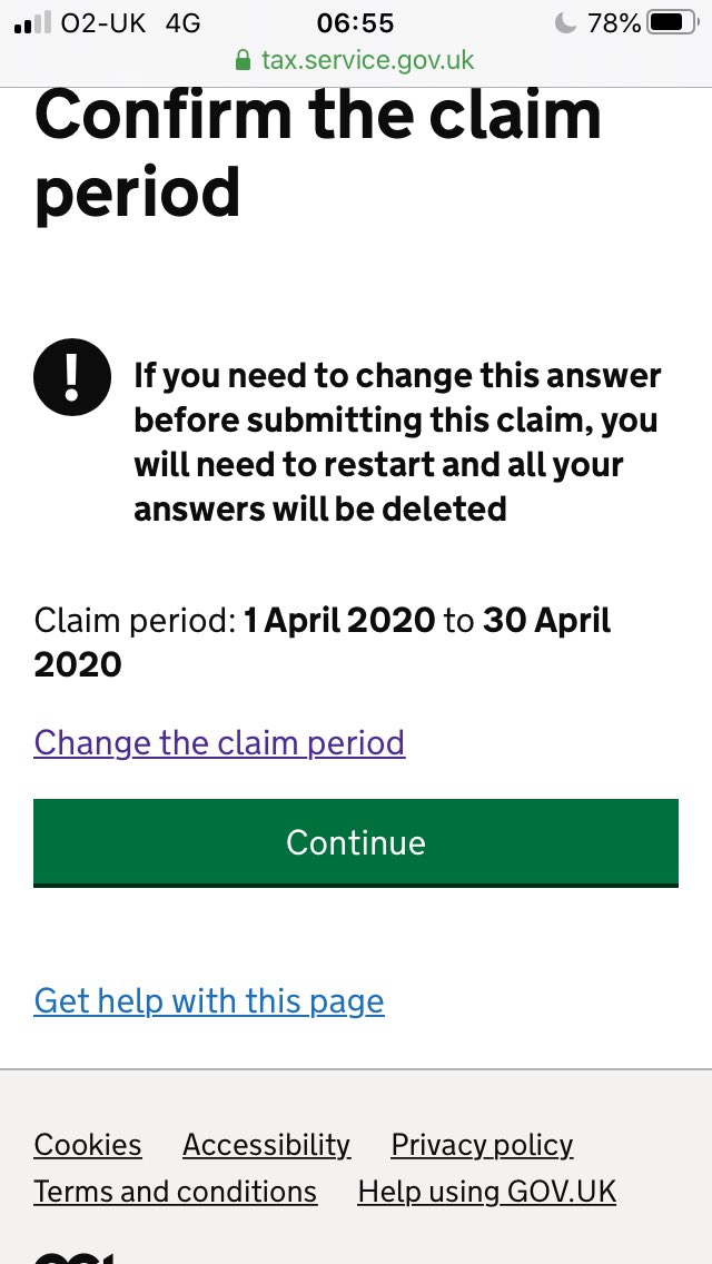 8. Confirm the claim period(NB from now on there is a warning that any changes will mean you have to start again)