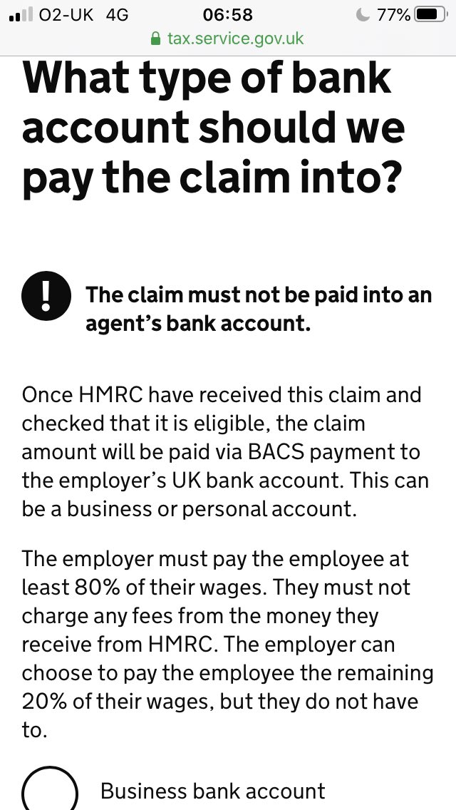 12. What type of bank account? (NB cannot be an agent’s account)